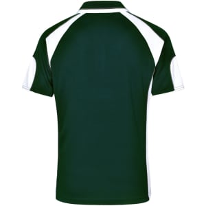 A dark green polo shirt with white detailing and a small logo on the back.