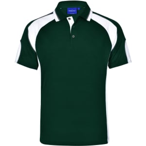 A green polo shirt with white accents and a logo on the chest. Features a classic collar and short sleeves.