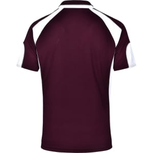 A maroon polo shirt with white detailing and a logo on the back.