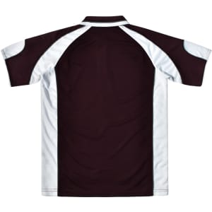 A brown and white polo shirt featuring a logo, with contrasting panels on the shoulders and sleeves.