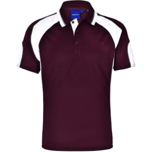 A maroon polo shirt featuring white panel accents and a collar. It has a logo on the chest area.