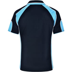 A navy blue polo shirt with light blue accents and a logo on the back.