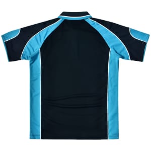 A black polo shirt featuring blue accents and a logo on the back.