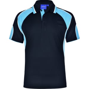 A black polo shirt featuring blue accents and a logo on the collar. Short sleeves with contrasting details.