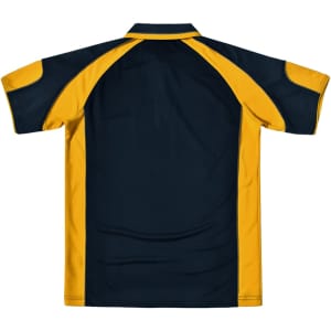 A navy and gold men's polo shirt featuring a logo. The shirt has short sleeves and a classic collar.