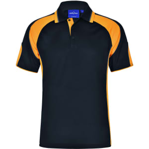 A black and orange men's polo shirt with a collar and a logo on the chest.
