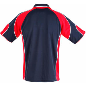 A men's polo shirt featuring a navy blue body with red sleeves and trim, includes a logo.