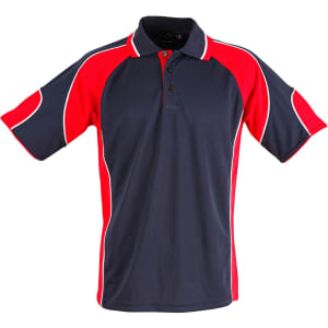 A polo shirt featuring a navy body with red accents and a collar, showcasing a logo on the front.