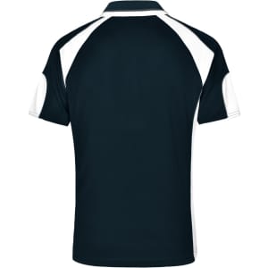 A men's polo shirt in navy with white detailing and a logo on the back.