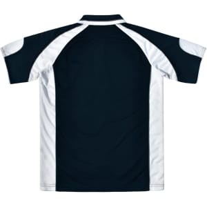 A navy blue and white men's polo shirt featuring a logo. The design includes short sleeves and a collar.