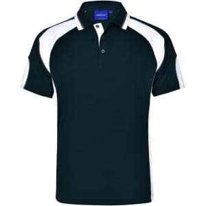 A black and white men's polo shirt featuring a collar, short sleeves, and a logo on the chest.