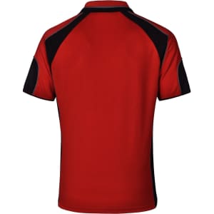 A red polo shirt featuring black accents and a logo on the back.