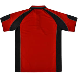 A red polo shirt with black details and a branded logo on the back. Short sleeves and a sporty design.