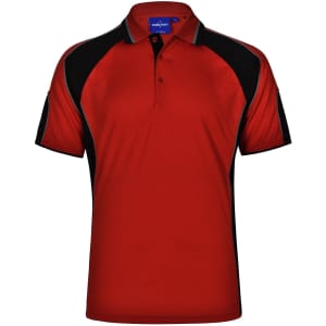 A red polo shirt with black accents, featuring a collar and a logo on the upper part.