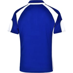 A blue polo shirt with white detailing and a logo on the back.