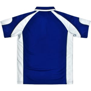 A blue and white men's polo shirt with short sleeves and a logo on the back.