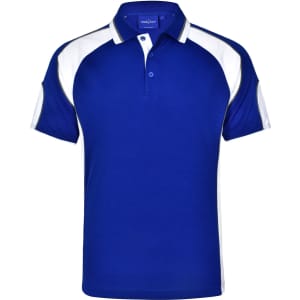 A blue polo shirt with white accents and a logo on the front. Features a collar and short sleeves.