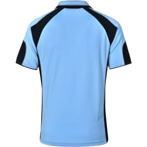 A light blue polo shirt with black accents and a logo on the back.