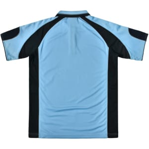 A light blue and black men's polo shirt featuring a logo, shown from the back.