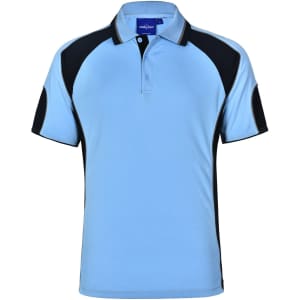 A light blue polo shirt with black accents and a logo on the chest area.