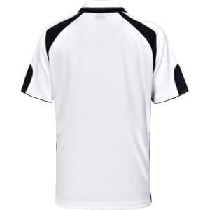 A white polo shirt with black accents and a logo on the back. Suitable for casual wear.