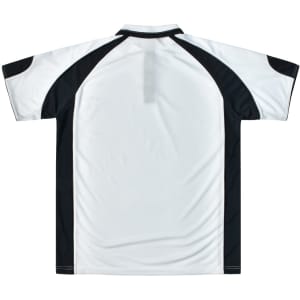 A men's polo shirt in white and black, featuring a logo on the back and a classic collar design.