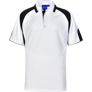 A white polo shirt with black accents and a collar, featuring a logo on the chest area.