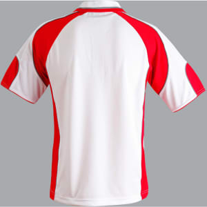 A polo shirt featuring a white body with red sleeves and accents. It has a logo on the chest area.