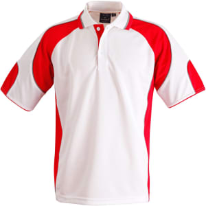 A red and white men's polo shirt featuring a logo and a sporty design with short sleeves.
