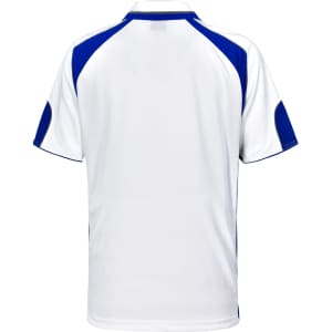 A white polo shirt with blue accents, featuring short sleeves and a collar. It has a logo on the front.