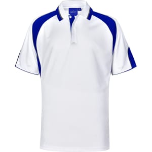 A white polo shirt with blue accents and a logo on the front. It features a classic collar and short sleeves.