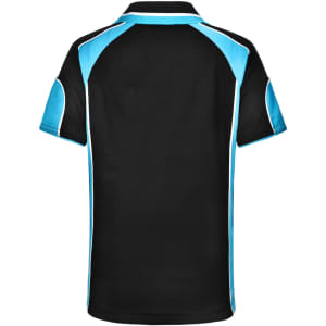 A black polo shirt with blue and white accents, featuring a logo on the front.