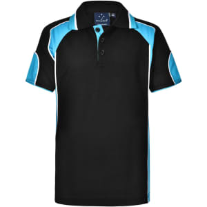 A black polo shirt with blue accents and a collar, featuring a three-button placket and a logo.