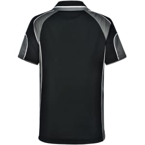 A black polo shirt with grey accents and a logo on the upper back.