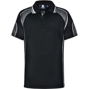 A black polo shirt with grey accents and a logo, featuring a classic collar and short sleeves.