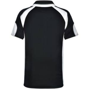 A black polo shirt with white accents and a logo on the back.