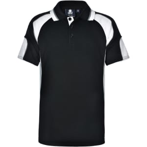 A black and white polo shirt featuring short sleeves and a collar, with a logo on the front.
