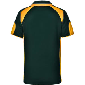 A green and gold kid's polo shirt with a contrasting design, featuring a logo on the front.