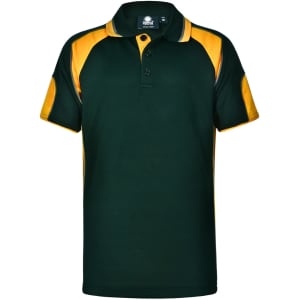 A green and yellow kid's polo shirt with a collar and two buttons, featuring a logo on the left side.