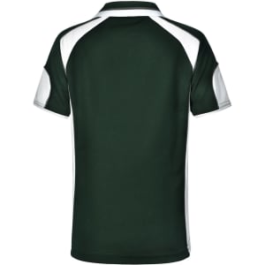 A green polo shirt with white accents and a logo on the back. Ideal for kids’ casual wear.