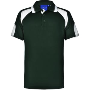 A dark green polo shirt with white accents and a buttoned collar. It features a logo on the chest area.