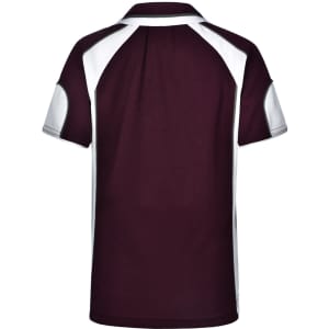 A maroon and white polo shirt featuring a logo on the back and contrast panel details.