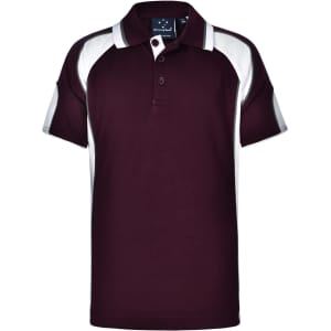 A maroon polo shirt with white accents and a logo on the chest. Features a classic collar and buttons.