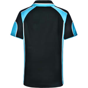 A black polo shirt with turquoise accents and a logo on the back.
