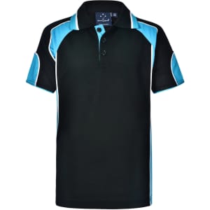 A black polo shirt with turquoise accents and a branded logo on the collar.