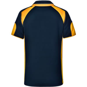 A navy blue and yellow polo shirt featuring a logo on the back.