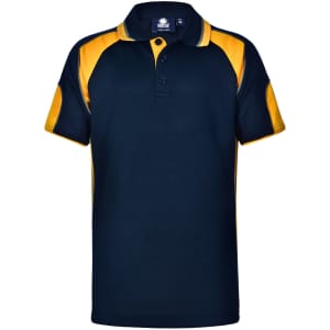 A navy and yellow polo shirt featuring a collar and button placket, with contrasting sleeves and a logo.