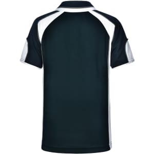 A dark green polo shirt featuring a contrasting white trim and a logo on the front.