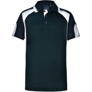 A black and white kid's polo shirt featuring a collar and a logo on the chest area.