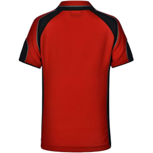 A red polo shirt with black accents, featuring a logo on the back and a classic collar design.
